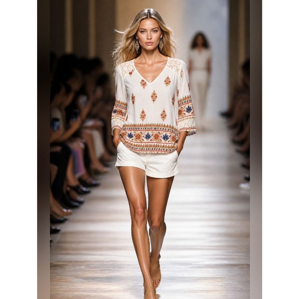 Boho Lace Yoke White Floral Border Blouse